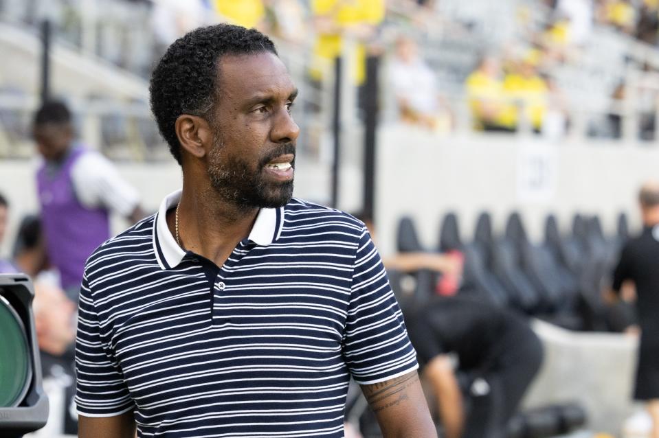 Aug 4, 2023; Columbus, OH, USA;  Columbus Crew head coach Wilfried Nancy in the first half against the Minnesota United at Lower.com Field. Mandatory Credit: Trevor Ruszkowski-USA TODAY Sports