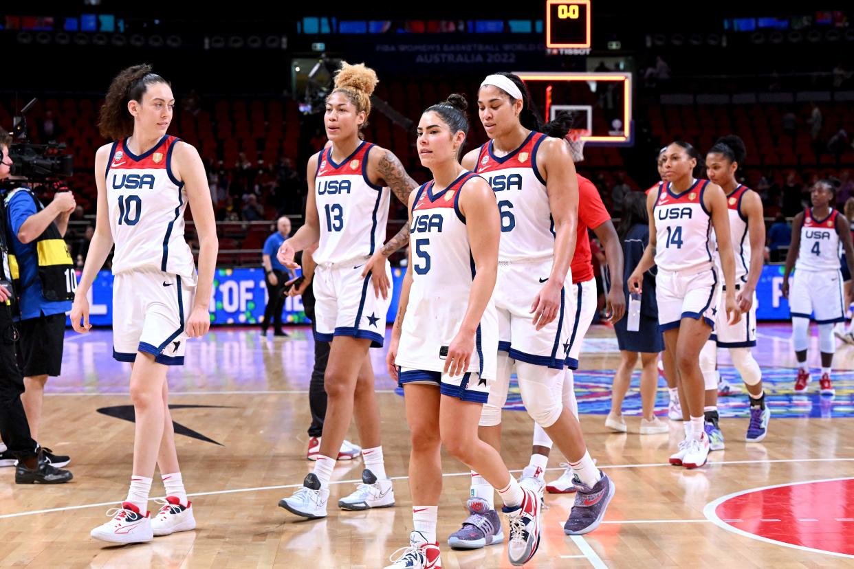 Team USA react after their win in the first quater-final of the Women's Basketball World Cup game between Serbia and the USA in Sydney on September 29, 2022. - -- IMAGE RESTRICTED TO EDITORIAL USE - STRICTLY NO COMMERCIAL USE -- (Photo by WILLIAM WEST / AFP) / -- IMAGE RESTRICTED TO EDITORIAL USE - STRICTLY NO COMMERCIAL USE -- (Photo by WILLIAM WEST/AFP via Getty Images)