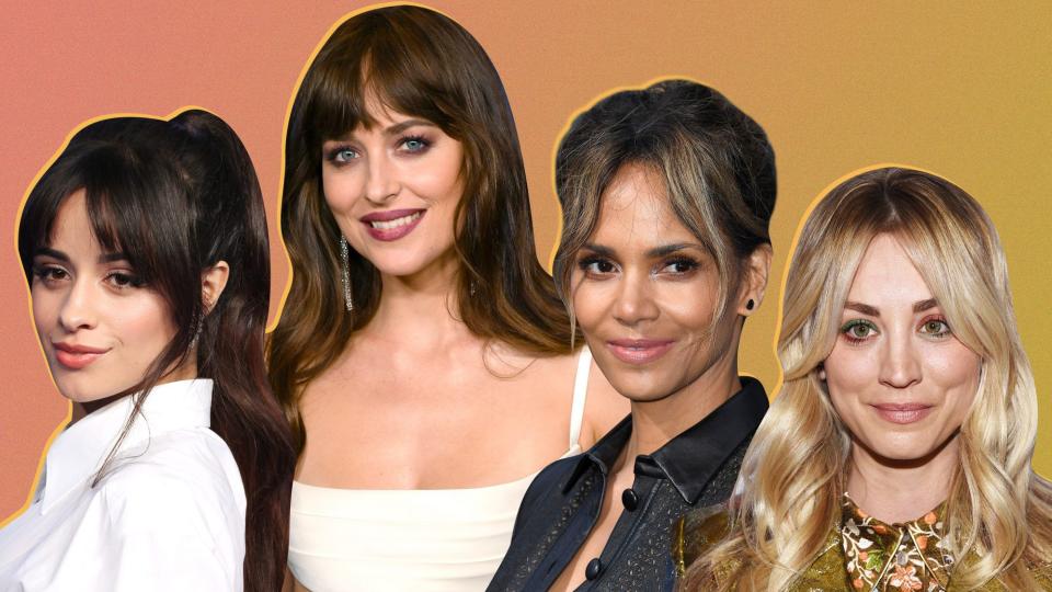 Camila Cabello, Dakota Johnson, Halle Berry, and Kaley Cuoco all with hairstyles with curtain bangs