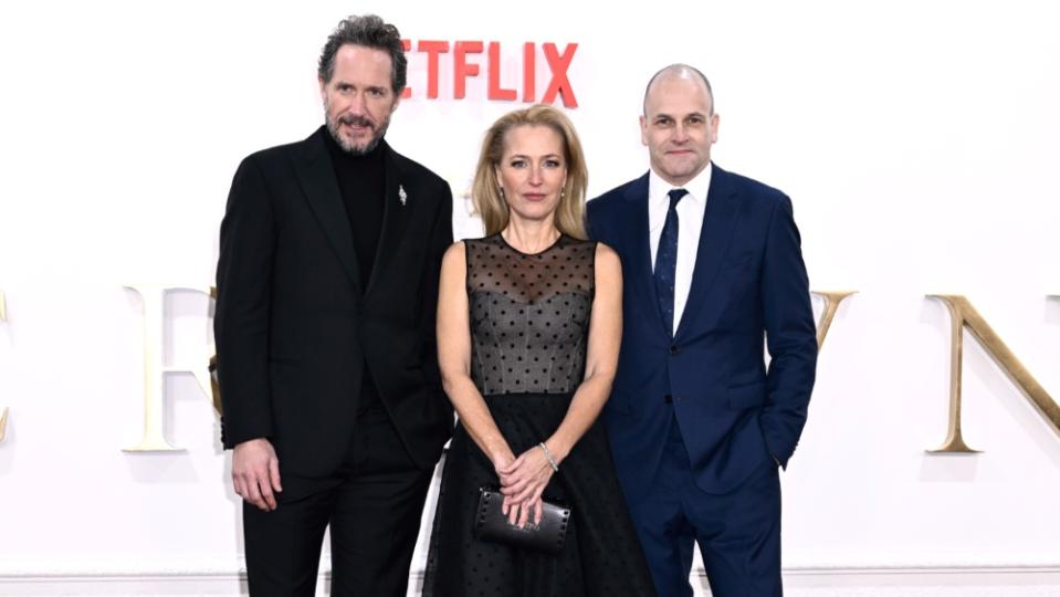 Bertie Carvel, Gillian Anderson and Jonny Lee Miller attend "The Crown" Finale Celebration at The Royal Festival Hall on December 05, 2023 in London, England