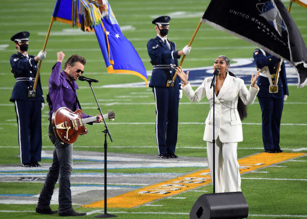 Eric Church and Jazmine Sullivan perform during the Super Bowl LV Pregame at Raymond James Stadium on Feb. 07, 2021, in Tampa, Florida.<p><a href="https://www.gettyimages.com/detail/1300900905" rel="nofollow noopener" target="_blank" data-ylk="slk:Kevin Mazur/Getty Images;elm:context_link;itc:0;sec:content-canvas" class="link ">Kevin Mazur/Getty Images</a></p>