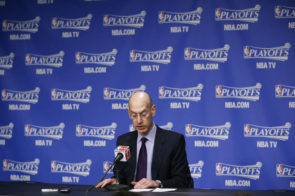 NBA Commissioner Adam Silver makes an opening statement during a news conference before Game 4 of an opening-round NBA basketball playoff series between the Memphis Grizzlies and the Oklahoma City Thunder on Saturday, April 26, 2014, in Memphis, Tenn. (AP Photo/Mark Humphrey)