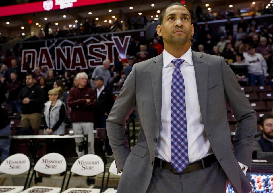 Head coach Dana Ford, of Missouri State, gets ready before the Bears game against Loyola at JQH Arena on Saturday, Feb. 22, 2020.