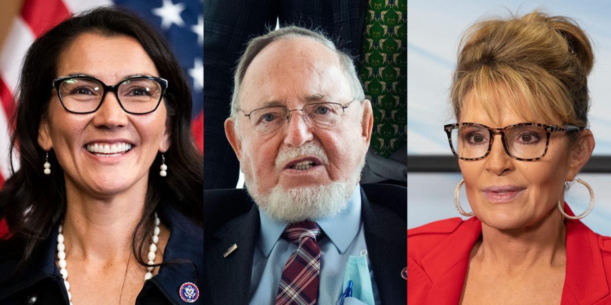 Democratic Rep. Mary Peltola, late Republican Rep. Don Young, and former Gov. Sarah Palin, all of Alaska