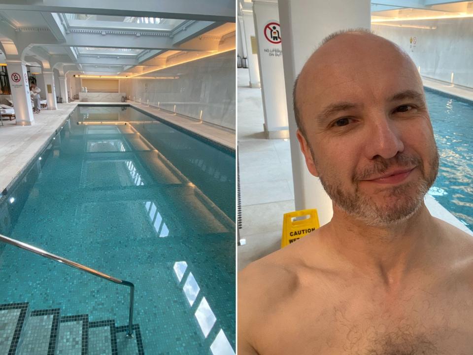 Shot of Capella Sydney Hotel's indoor pool (L) and author taking a selfie in front of the pool (R), Paul Oswell, Capella Sydney Hotel review