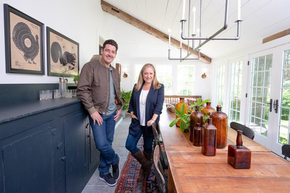 Jonathan Knight and designer Kristina Crestin, as seen at the newly renovated O’Conner farmhouse, as seen on Farmhouse Fixer.