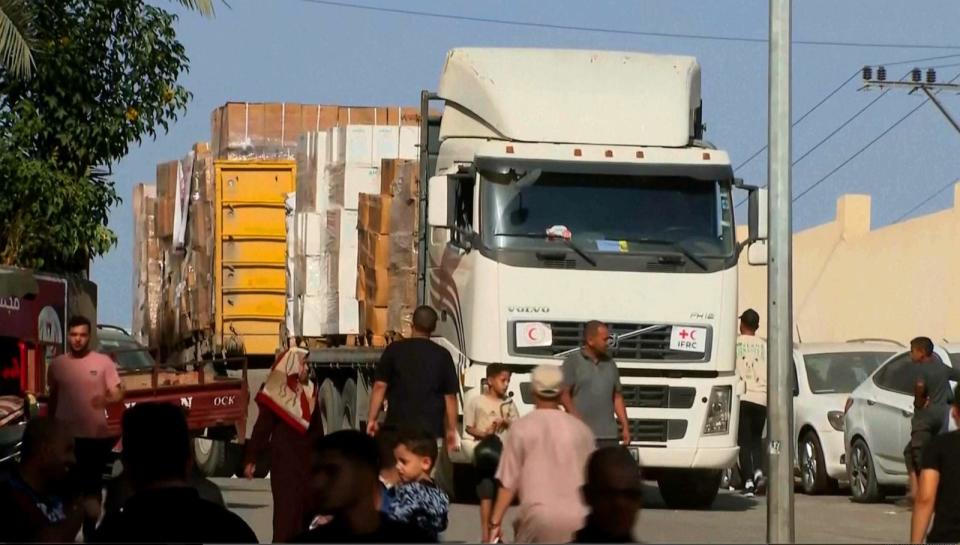 PHOTO: Trucks loaded with aid reaches a hospital in Khan Younis, Gaza, Oct. 25, 2023. (AP Photo)