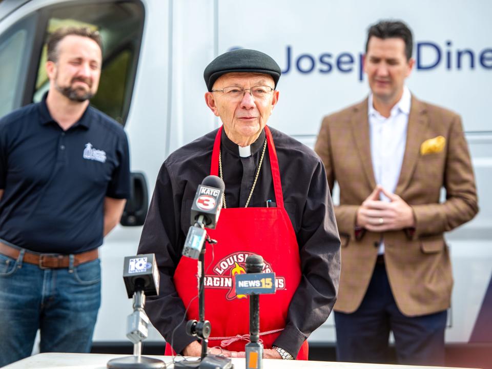 Bishop Douglas Deshotel joins Catholic Charities of Acadiana officials in announcing a development of St. Joseph Diner and FoodNet Food Bank Thursday, Nov. 25, 2021.