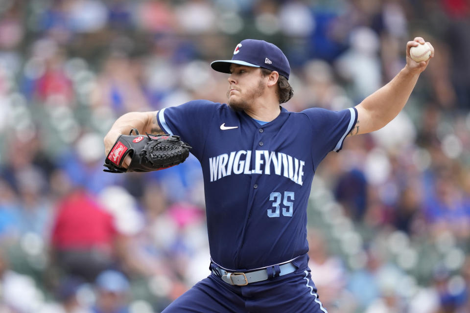 Chicago Cubs starting pitcher Justin Steele delivers during the first inning of a baseball game against the Cleveland Guardians Friday, June 30, 2023, in Chicago. (AP Photo/Charles Rex Arbogast)