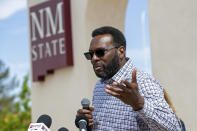 William Benjamin, an Aggie Hall of Famer and father of former New Mexico State NCAA college basketball player Deuce Benjamin speaks at a news conference in Las Cruces, N.M., Wednesday, May 3, 2023. The Benjamins and former Aggie player Shak Odunewu discussed the lawsuit filed alleging teammates ganged up and sexually assaulted them multiple times, while their coaches and others at the school didn't act when confronted with the allegations. (AP Photo/Andres Leighton)