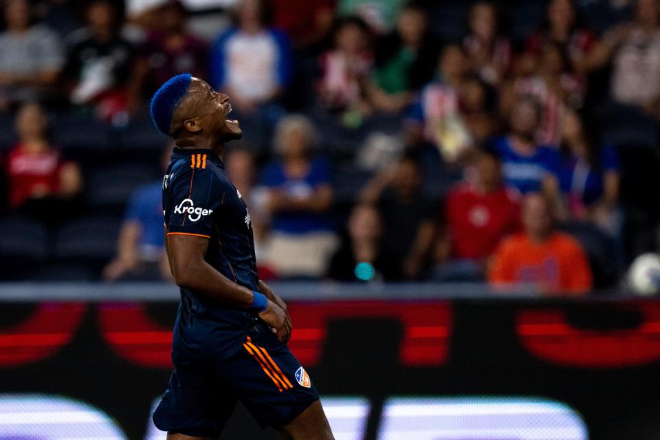 FC Cincinnati forward Sergio Santos Gomez (11) reacts after missing a cross attempt into the goal box in the first half of the MLS friendly match between FC Cincinnati and Club Deportivo Guadalajara at TQL Stadium in Cincinnati on Wednesday, Sept. 21, 2022. 