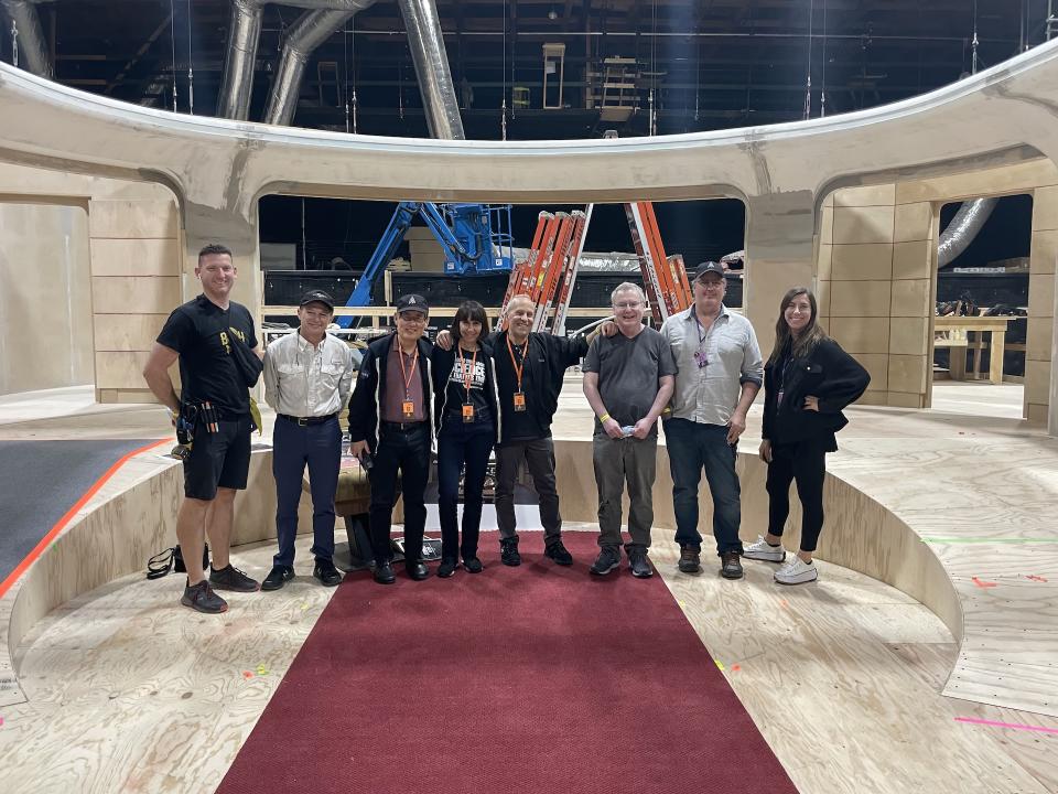 Designers from 40 years of Trek come together to recreate the USS Enterprise D again [L-R] Garret Flaming, Todd Marks, Mike Okuda & Denise Okuda, Doug Drexler, Geoffrey Mandel, Dave Blass, and Liz Kloczkowski