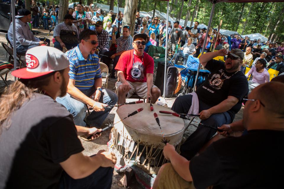 Drums are played during the Sunday dance session at the 40th Nanticoke Powwow in Millsboro.