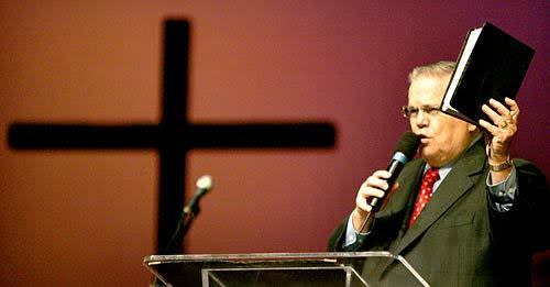 MESSAGE MAN: Evangelist John C. Hagee speaks at Harvest Rock Church in Pasadena. He has helped 12,000 Russian Jews move to Israel and donated millions to Israeli hospitals and orphanages.