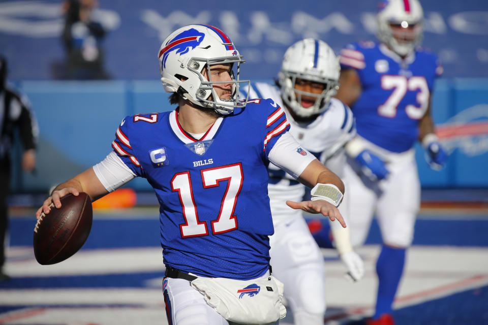 Buffalo Bills quarterback Josh Allen (17) throws a pass during the first half of an NFL wild-card playoff football game against the Indianapolis Colts, Saturday, Jan. 9, 2021, in Orchard Park, N.Y. (AP Photo/Jeffrey T. Barnes)