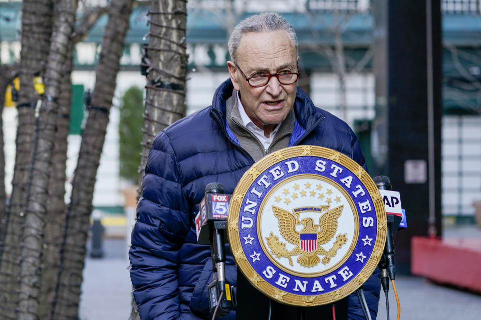 In this Jan. 12, 2021, photo, Senate Minority Leader Chuck Schumer, D-N.Y., speaks to reporters during a news conference in New York. (AP Photo/Mary Altaffer)