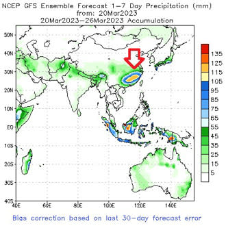 鄭明典表示，根據最新雨量預報圖，大陸南方出現很顯著的春雨系統。(翻攝自鄭明典臉書)