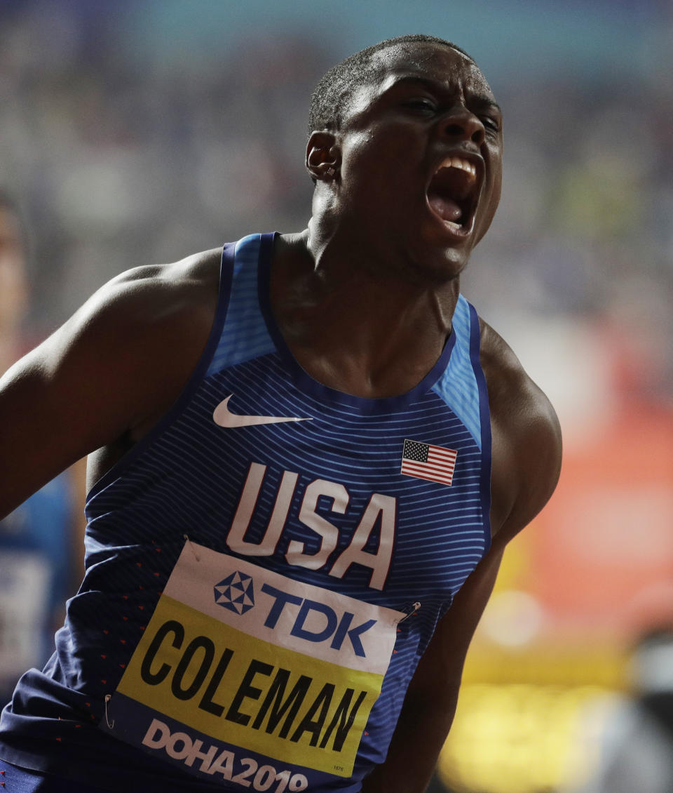 Christian Coleman, of the United States, wins the gold medal in the men's 100m final at the World Athletics Championships in Doha, Qatar, Saturday, Sept. 28, 2019. (AP Photo/Nariman El-Mofty)