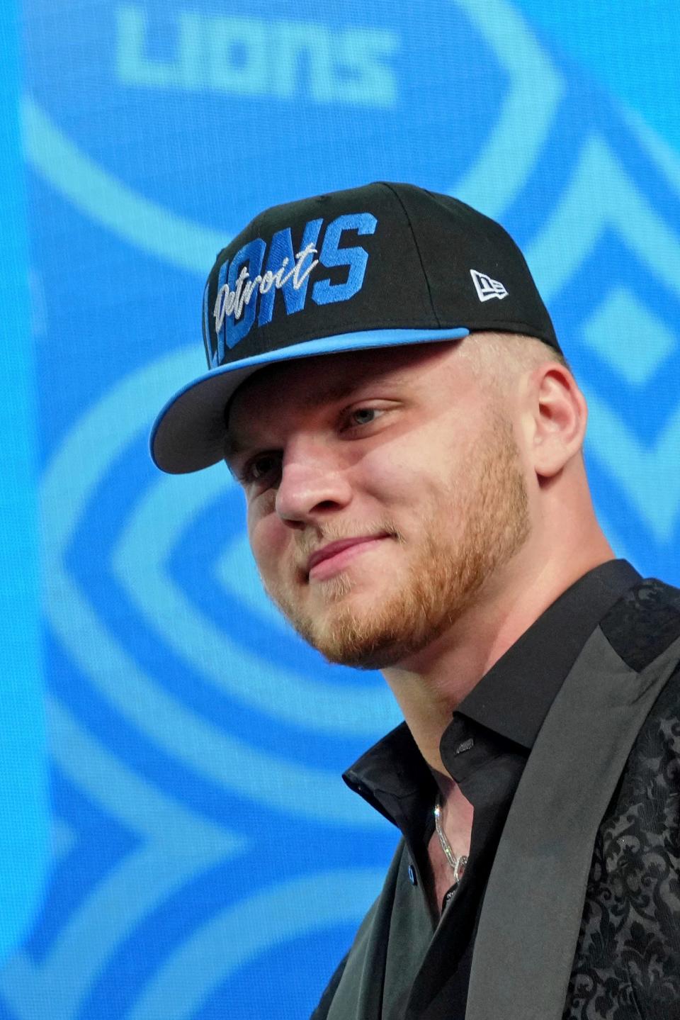 Aidan Hutchinson looks on after being selected as the second overall pick to the Detroit Lions during the first round of the 2022 NFL draft in Las Vegas.