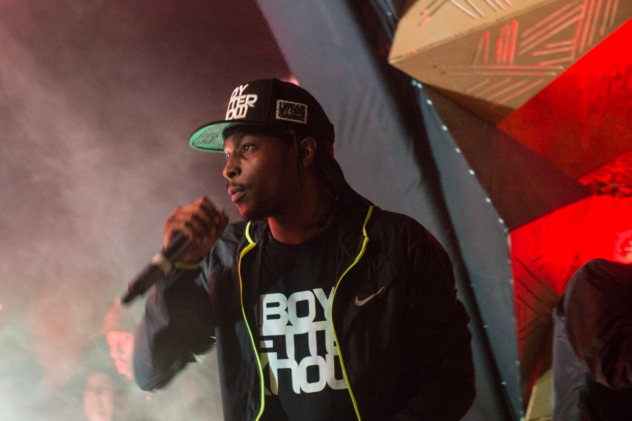 JME performing in a slogan T-shirt at Bestival in Newport in 2014. (Getty Images)