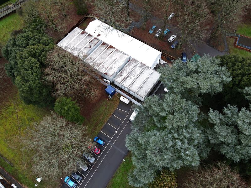 A temporary mortuary is seen in the grounds of a former RAF rehabilitation hospital at Headley Court in Epsom