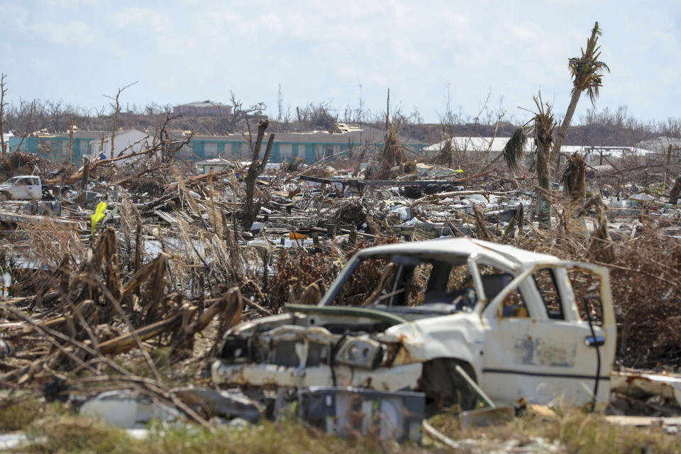 In this handout photo provided by the Dutch Defense Ministry taken on Wednesday, Sept. 11, 2019, the aftermath of Hurricane Dorian is seen on the island of Abaco in the Bahamas. Two Dutch navy ships have arrived in the Bahamas to help with the relief operation after the region was devastated by Hurricane Dorian. The Defense Ministry says that around 550 military personnel who arrived Wednesday on board the ships Snellius and Johan de Witt will deliver aid to residents on Abaco island. (Sjoerd Hilckmann/Dutch Defense Ministry via AP)