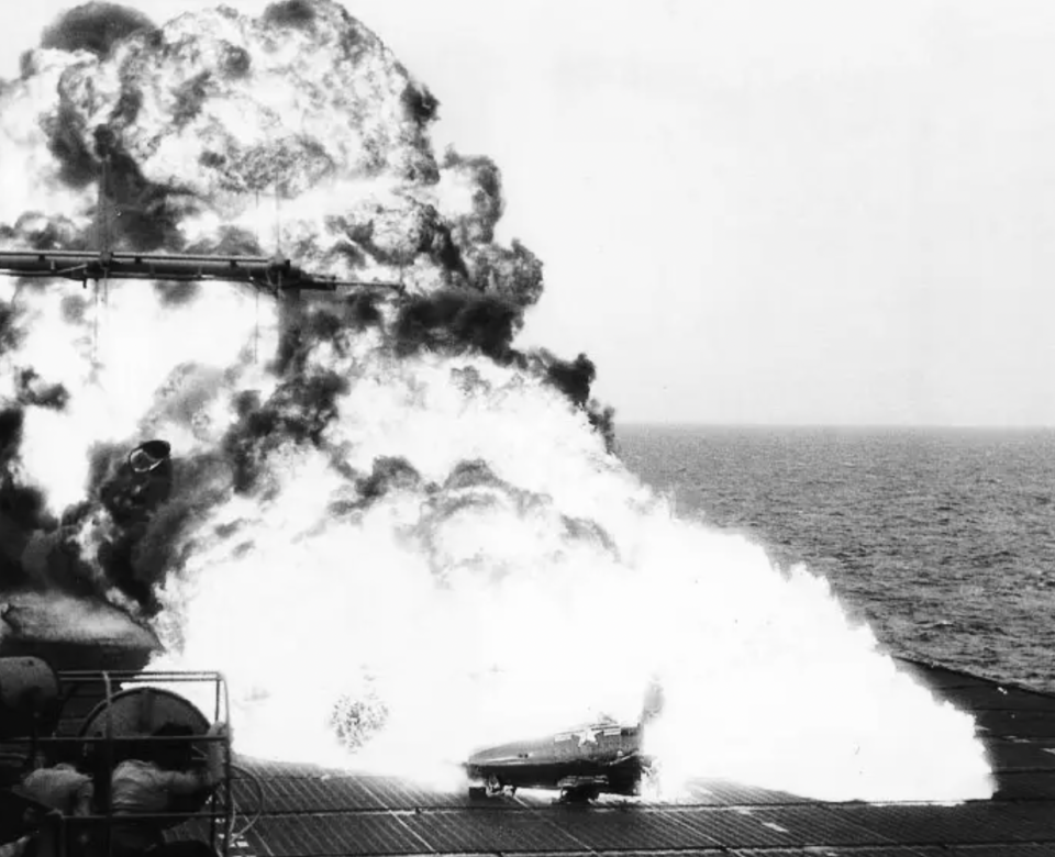 A well-known carrier accident of the 1950s: here, the F9F-5 Panther pilot <a href="https://www.thedrive.com/the-war-zone/41251/the-most-replayed-carrier-crash-in-history-happened-70-years-ago-today" rel="nofollow noopener" target="_blank" data-ylk="slk:survived a ramp strike;elm:context_link;itc:0;sec:content-canvas" class="link ">survived a ramp strike</a> and the fiery destruction of his aircraft.