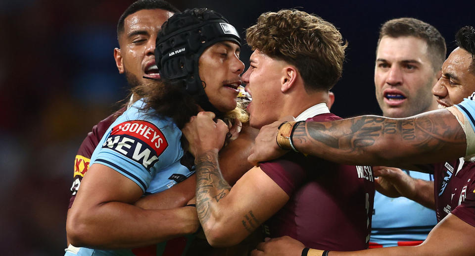 Seen here, Reece Walsh and Jarome Luai clash in Game II of the 2023 State of Origin series.