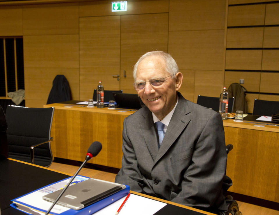 FILE - German Finance Minister Wolfgang Schaeuble smiles as he attends a meeting of EU finance ministers in Luxembourg, Tuesday, Oct. 10, 2017. Wolfgang Schaeuble, who helped negotiate German reunification in 1990 and as finance minister was a central figure in the austerity-heavy effort to drag Europe out of its debt crisis more than two decades later, has died on Tuesday, Dec. 26, 2023. He was 81. (AP Photo/Virginia Mayo, File)