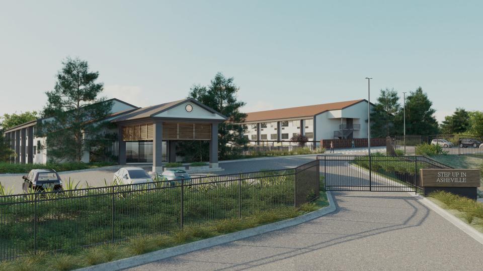 Renderings of future 113 permanent supportive housing units at the former Ramada Inn in East Asheville.