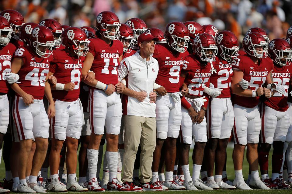 Oklahoma coach Brent Venables lines up with his team before last year's Texas-OU game at the Cotton Bowl. The Longhorns won 49-0. No Texas players were caught gloating or trash-talking this week, though. “Oklahoma is a great team, and the fact they want to pursue the SEC, I’m happy for that organization and that they feel like they’re ready for it. I’m happy for them,” UT linebacker David Gbenda said.