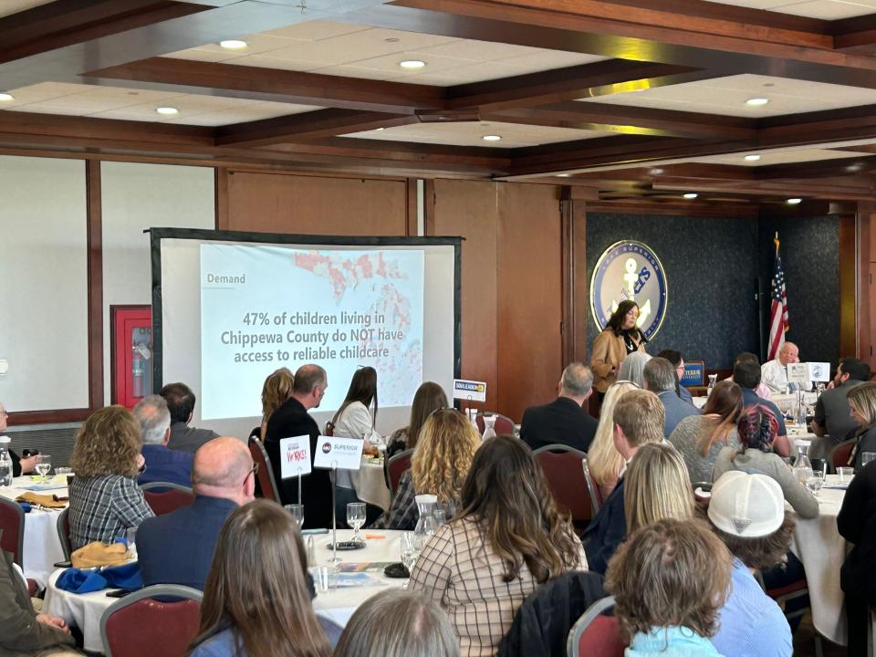 Jessica Savoie of Eastern Upper Peninsula Intermediate School Disctrict speaking about the lack of available child care in Chippewa County on May 18.