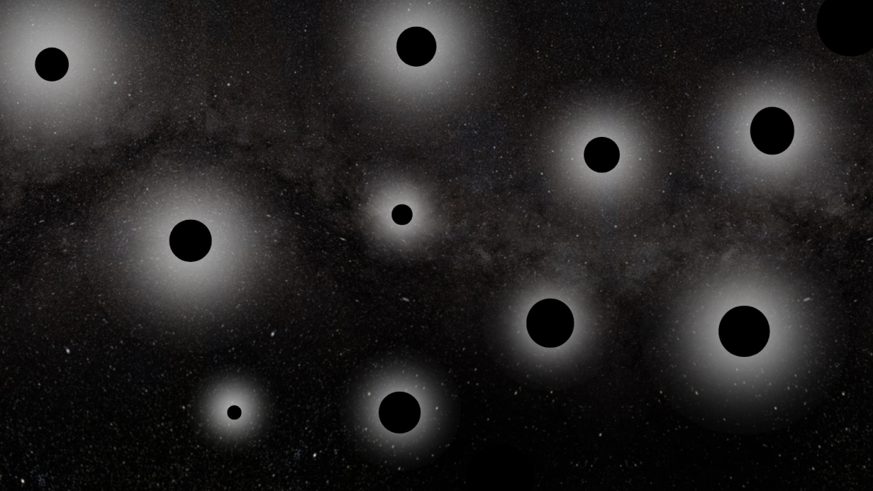  A dark scene of space has illustrations of a bunch of black circles with hazy white rings around each one. 