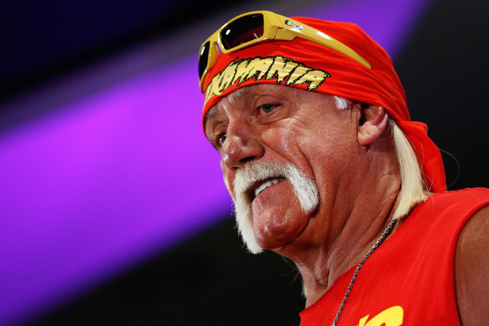 Hulk Hogan speaks during a news conference before Wrestlemania XXX at the Mercedes-Benz Super Dome in New Orleans on Sunday, April 6, 2014. (Jonathan Bachman/AP Images for WWE)