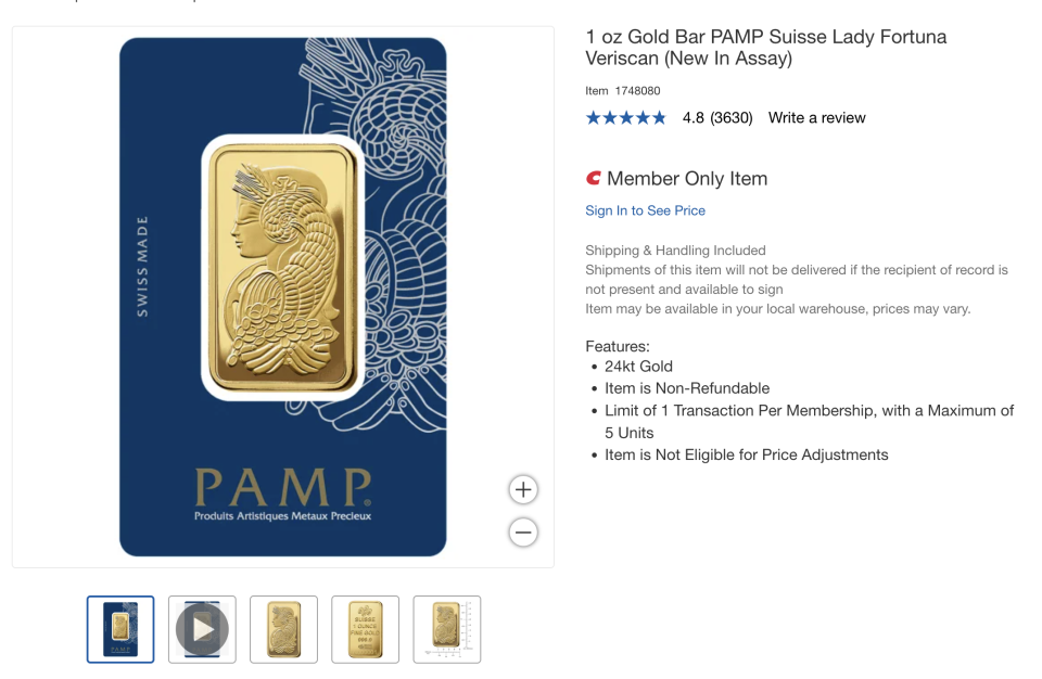 A screenshot from Costco's online store showing its gold bar offering. 