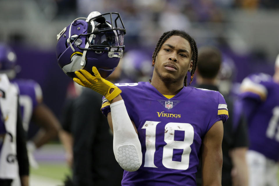 Minnesota Vikings wide receiver Justin Jefferson reacts on the sideline during the first half of an NFL football game against the Indianapolis Colts, Saturday, Dec. 17, 2022, in Minneapolis. (AP Photo/Andy Clayton-King)