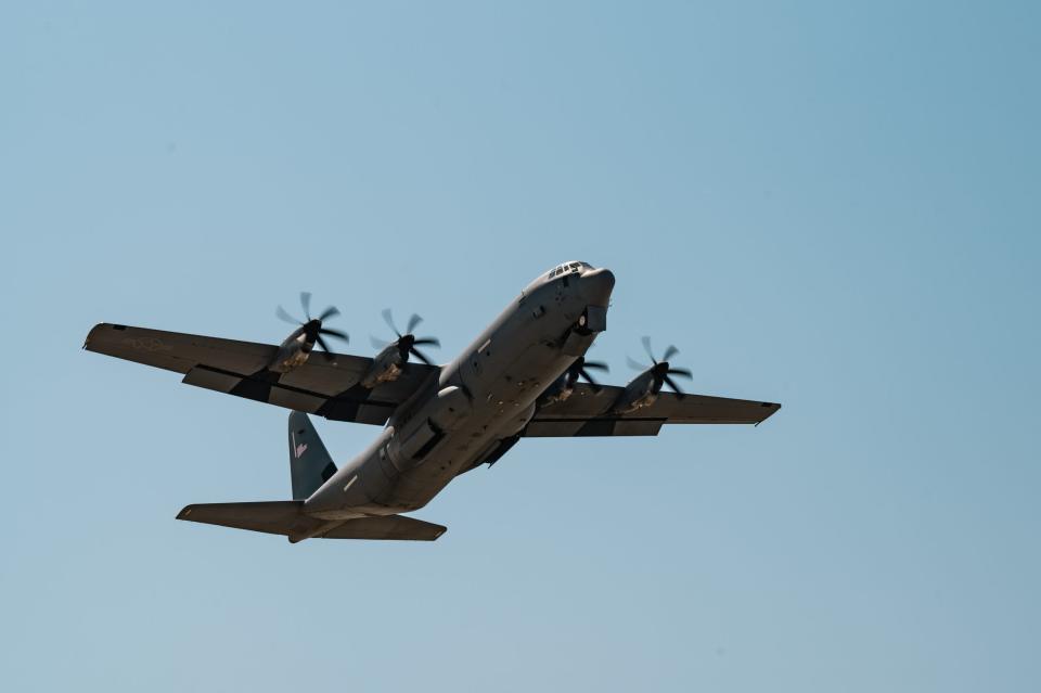 A U.S. Air Force C-130J loaded with pallets of food destined for Gaza via airdrop takes off from an undisclosed location within the U.S. Central Command area of responsibility, on April 25, 2024. <em>U.S. Air Force photo</em>