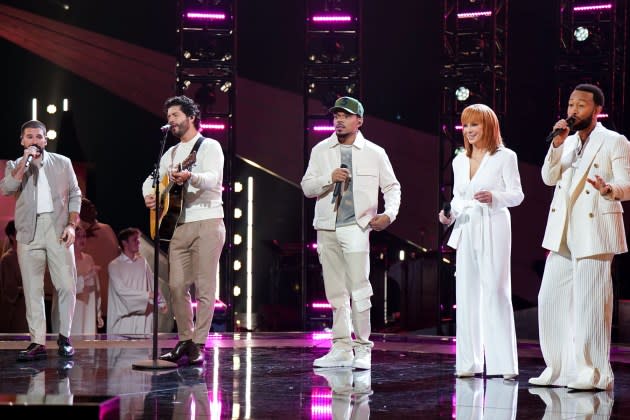 "Coach Performance" -- Pictured: (l-r) Dan + Shay, Chance The Rapper, Reba McEntire, John Legend - - Credit: Tyler Golden/NBC