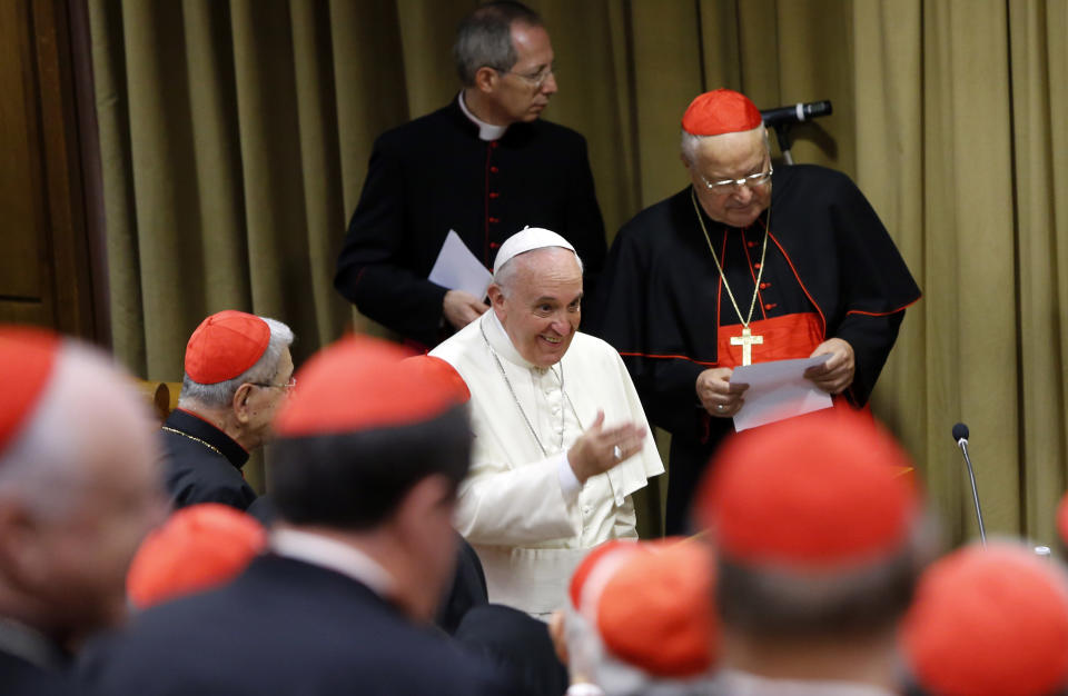 Pope Francis arrives for a consistory that was expanded to include a briefing on the situation in the Middle East, at the Vatican, Monday, Oct. 20, 2014. (AP Photo/Riccardo De Luca, Pool)