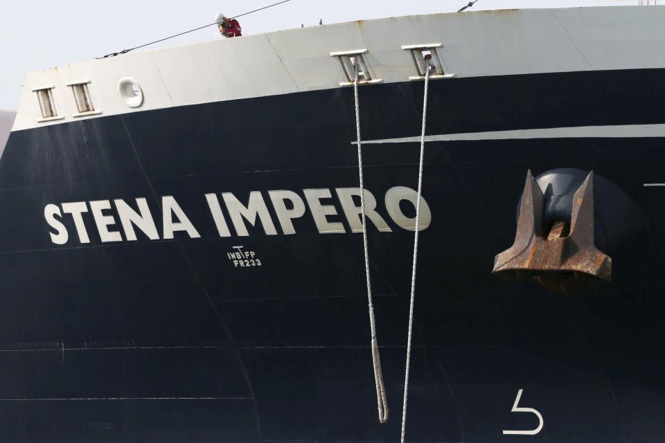 The British-flagged oil tanker Stena Impero docks at Port Rashid Port Rashid in Dubai, United Arab Emirates, Saturday, Sept. 28, 2019. On Friday, Iran released the Stena Impero which it had seized in July as it passed through the Strait of Hormuz, the narrow mouth of the Persian Gulf through which 20% of all oil passes. (Christopher Pike, Pool Photo via AP)