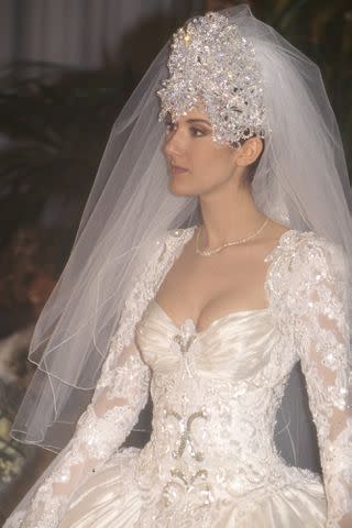 <p>PONOPRESSE/Gamma-Rapho/Getty</p> Celine Dion during her wedding to Rene Angelil on December 17, 1994.