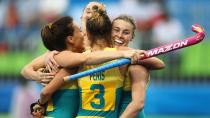 Our Hockeyroos celebrate their emphatic 6-1 victory over India.