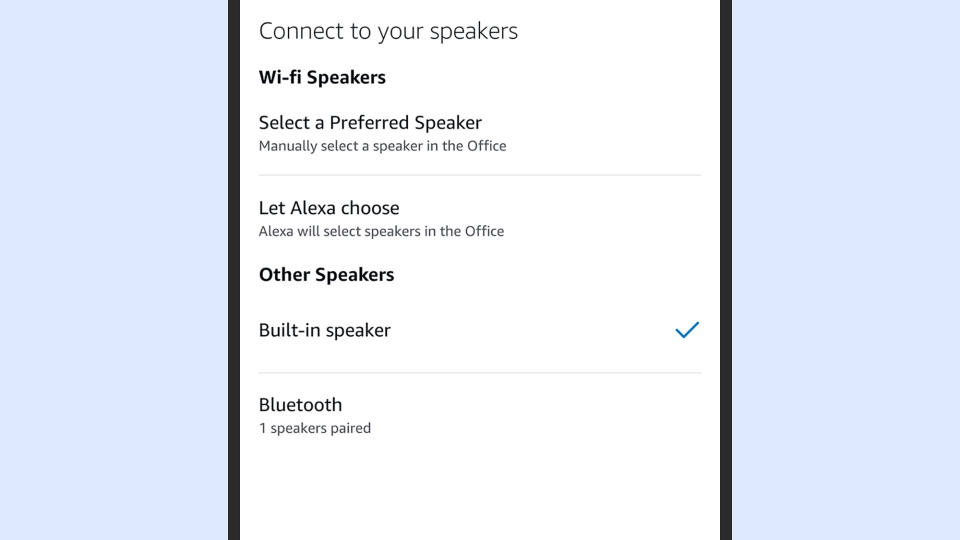 Amazon Alexa app choosing a speaker