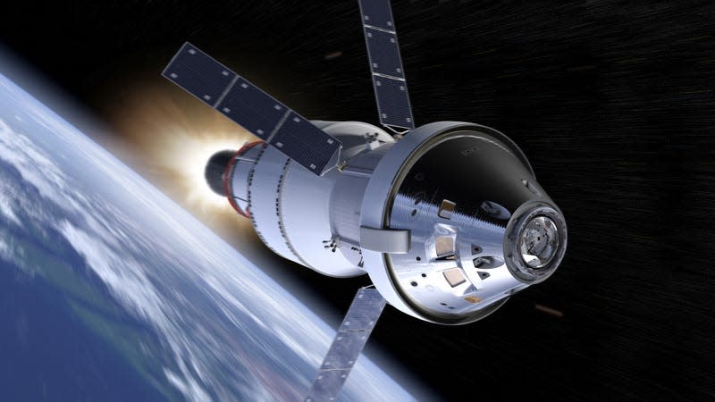 Artist’s conception of Orion’s ICPS performing an engine burn to place it on a Moon-bound trajectory. 