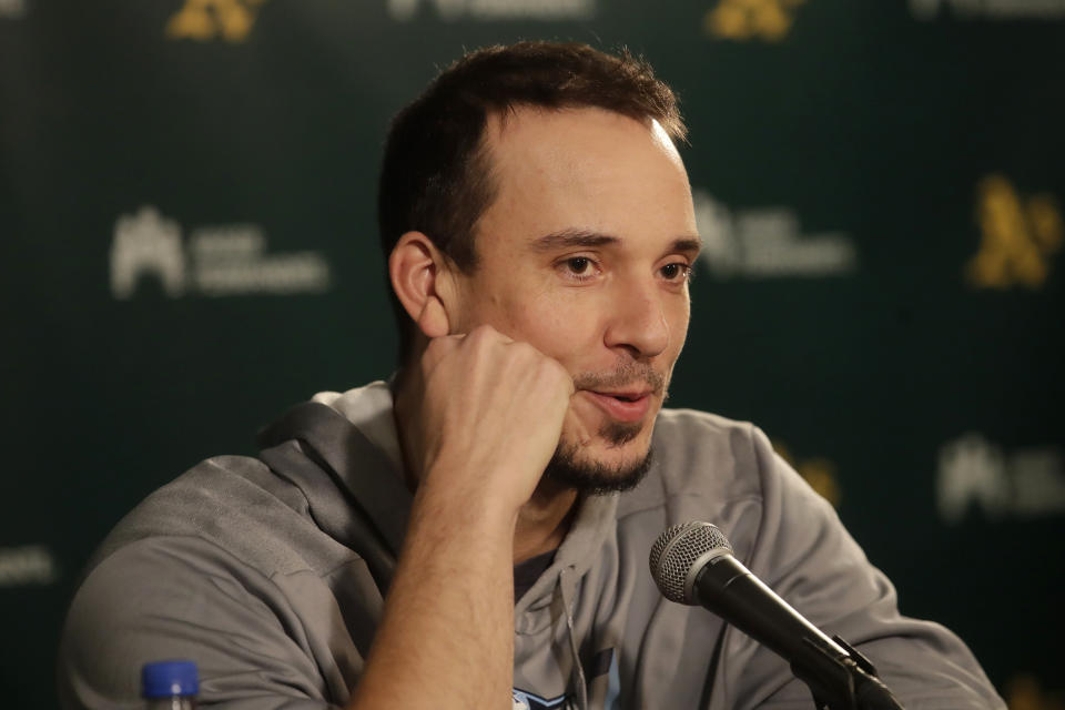 Tampa Bay Rays pitcher Charlie Morton speaks at a news conference before baseball practice in Oakland, Calif., Tuesday, Oct. 1, 2019. The Rays are scheduled to face the Oakland Athletics in an American League wild-card game Wednesday, Oct. 2. (AP Photo/Jeff Chiu)