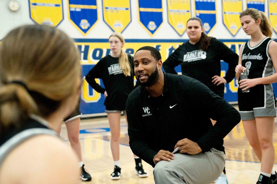 Westerville Central girls basketball coach Justin Patrick talks his team during a game at Olentangy on Dec. 13.