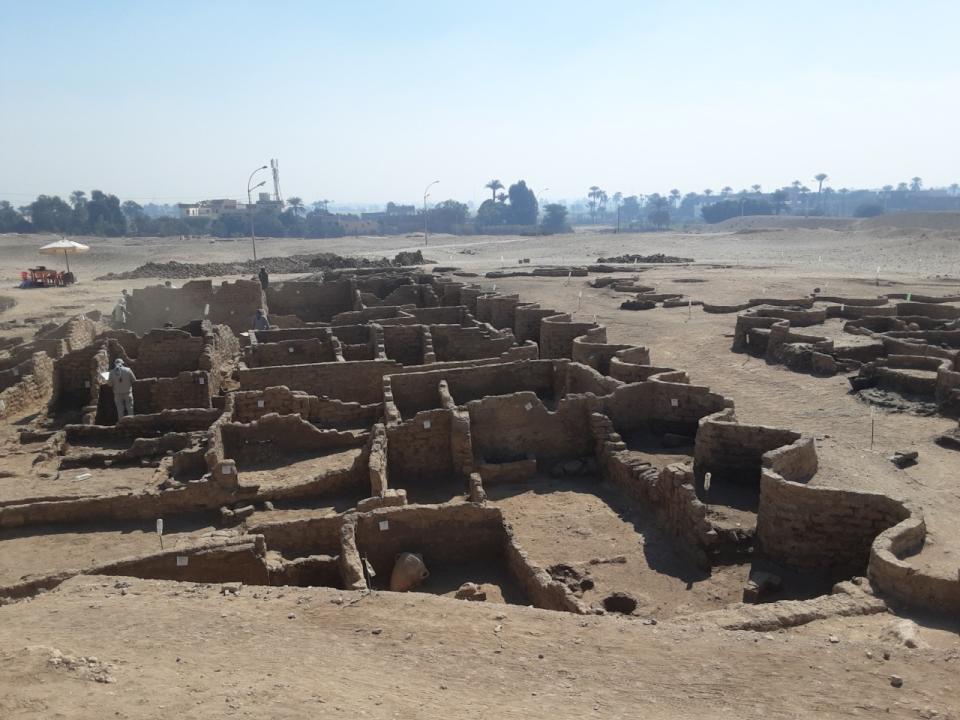 An undated handout photo released Thursday, April 8, 2021 by the by the Zahi Hawass Center For Egyptology shows an archaeological discovery as part of the 'Lost Golden City' in Luxor, Egypt. The city is 3000 years old, dates to the reign of Amenhotep III, and continued to be used by Tutankhamun and Ay. (by the Zahi Hawass Center For Egyptology via AP)