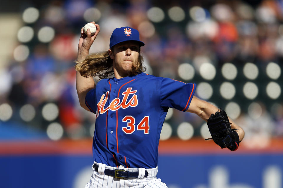 Mets right-hander Noah Syndergaard doesn’t want to give away his free agent years for cheap. (Photo by Adam Hunger/Getty Images)