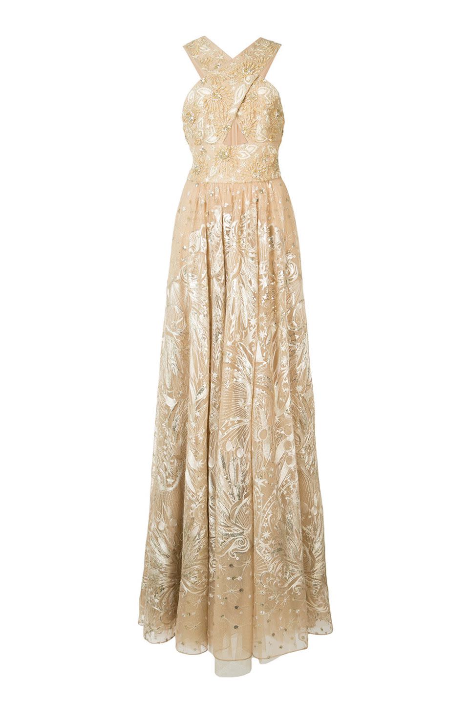 <p>If there's any time to adopt the 'more is more' approach, it's on your wedding day. </p><p><em>Embellished gown, £1,357, Marchesa Notte at Farfetch</em><br></p><p><a rel="nofollow noopener" href="https://www.farfetch.com/uk/shopping/women/marchesa-notte-floral-bead-embellished-gown-item-12093856.aspx?storeid=10185&size=22&pid=googleadwords_int&af_channel=Search&c=629762120&af_c_id=629762120&af_siteid=&af_keywords=aud-369354889887:pla-381862307966&af_adset_id=51529112772&af_ad_id=217936171101&is_retargeting=true&gclid=Cj0KCQjwqsHWBRDsARIsALPWMEMLY_JyDRD0UqSc8GKKeb0jjAMpmvqeEh_M-Lk6bNKNFvKHKjSPtf8aAsThEALw_wcB" target="_blank" data-ylk="slk:BUY;elm:context_link;itc:0;sec:content-canvas" class="link ">BUY</a></p>