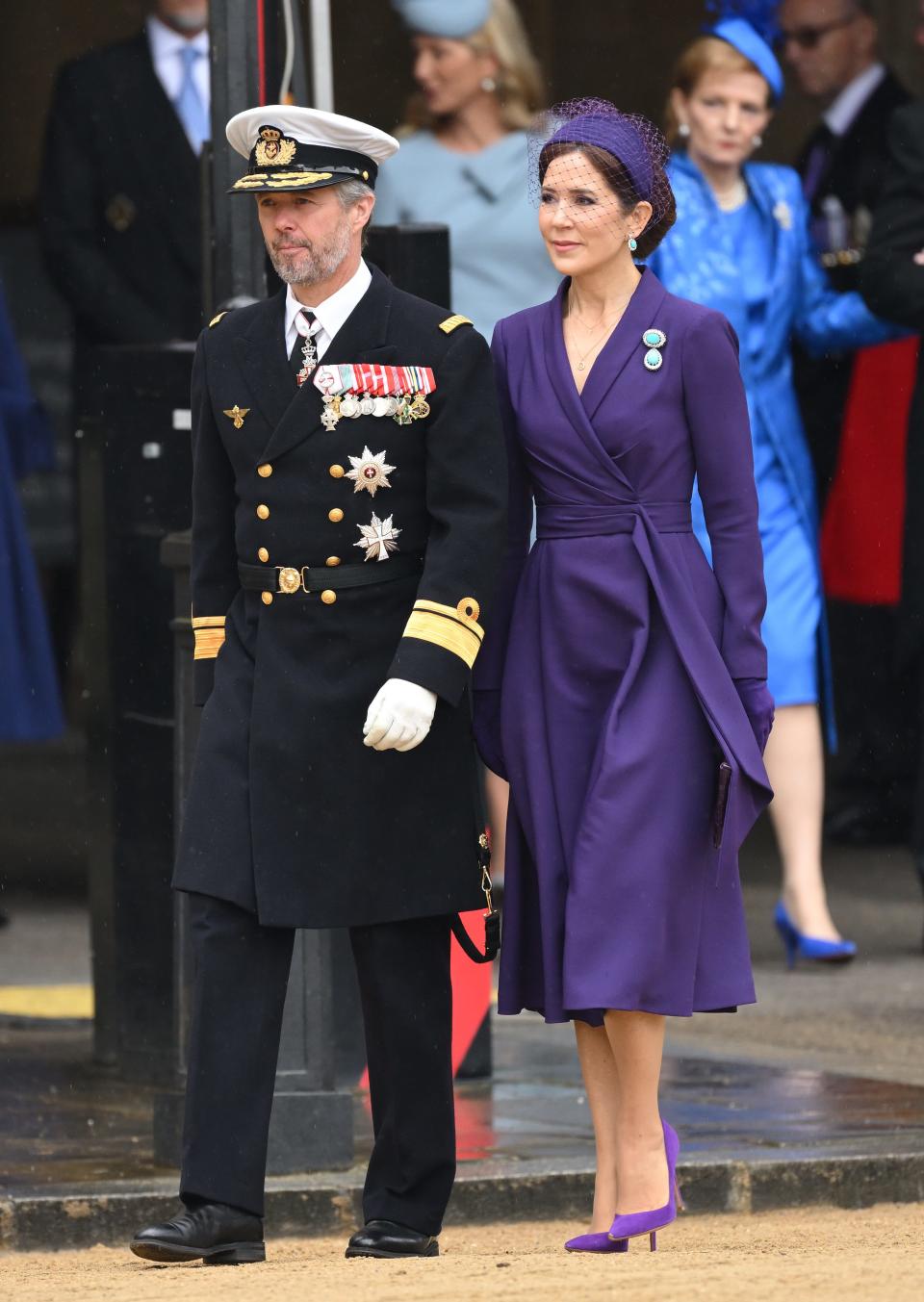 Crown Prince Frederik of Denmark and Mary, Crown Princess of Denmark arrive at Westminster Abbey for the Coronation of King Charles III and Queen Camilla on May 06, 2023 in London, England.